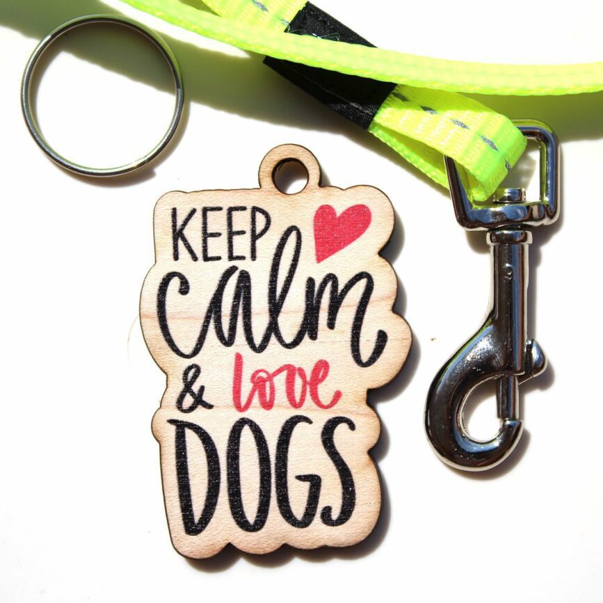 Parte frontal de una placa para perros impresa sobre madera.