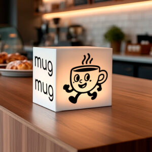 Caja de metacrilato cúbica con logo iluminada LED